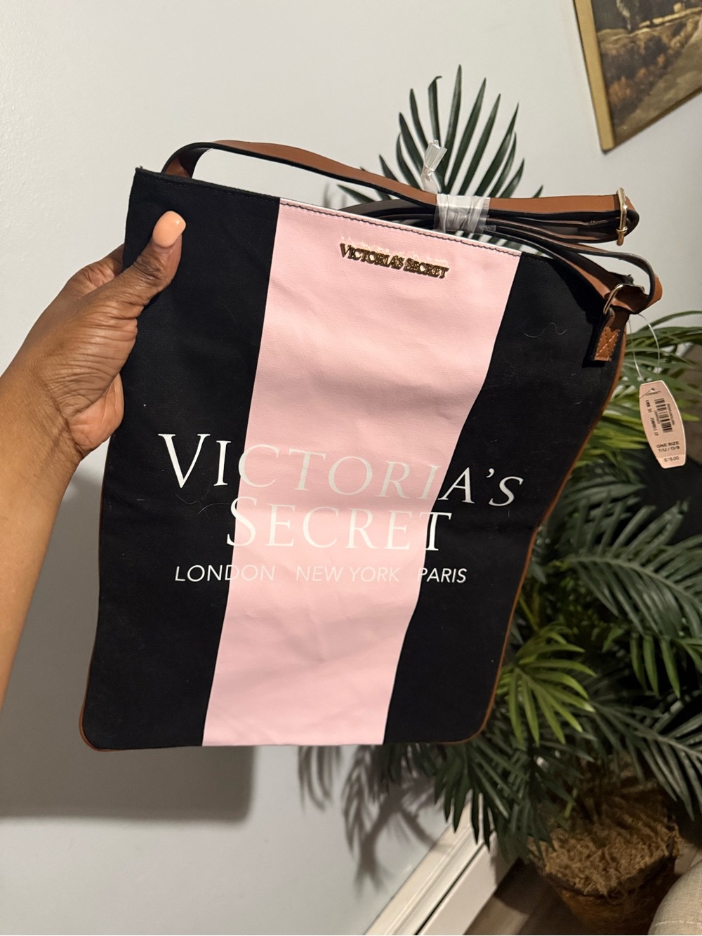 Victoria's Secret Black and Pink Vertical Stripe Tote